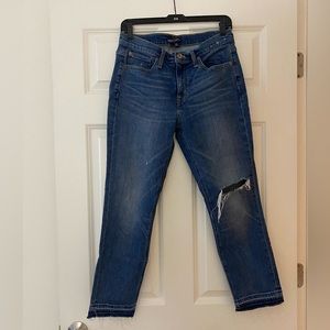 J Crew Mercantile. Straight leg. Distressed, raw hem.